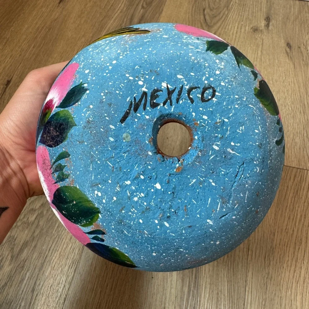 Vintage Mexican Hand Painted Terracotta Planter Blue Floral Bird Folk Art Pot